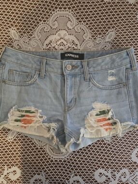 Express Light Blue Distressed Jean Shorts with Floral Embroidered Patches